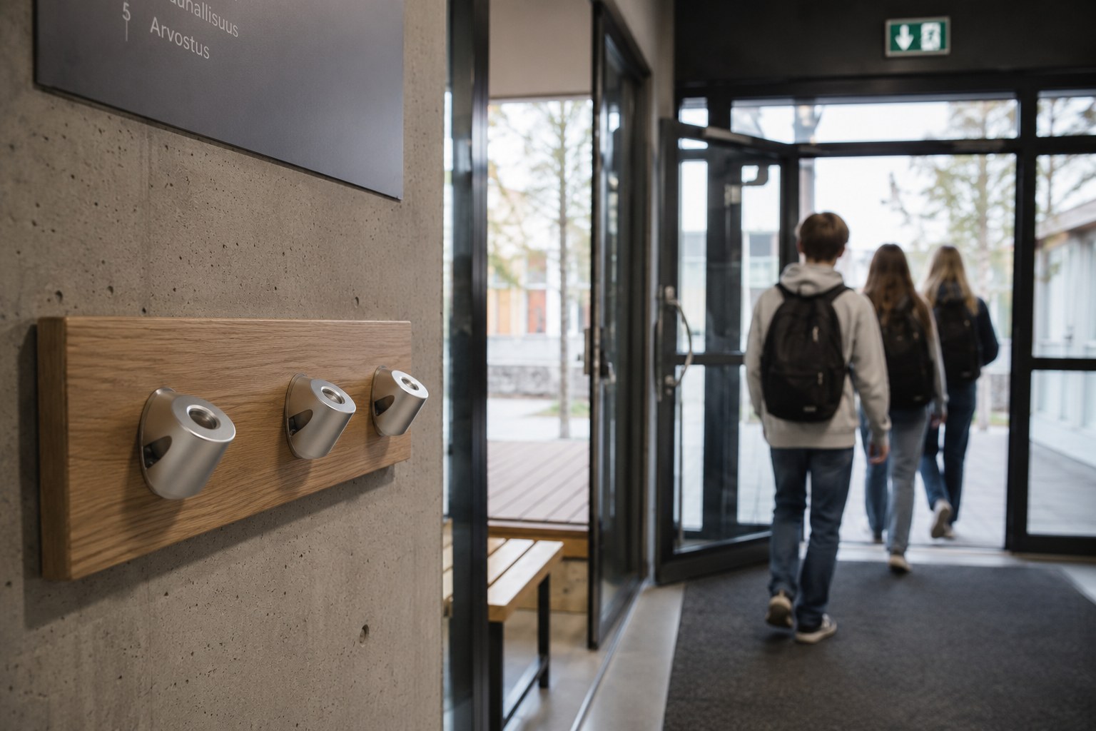 TOVI magnetic unlockers mounted on an oak plate at a school entrance.
